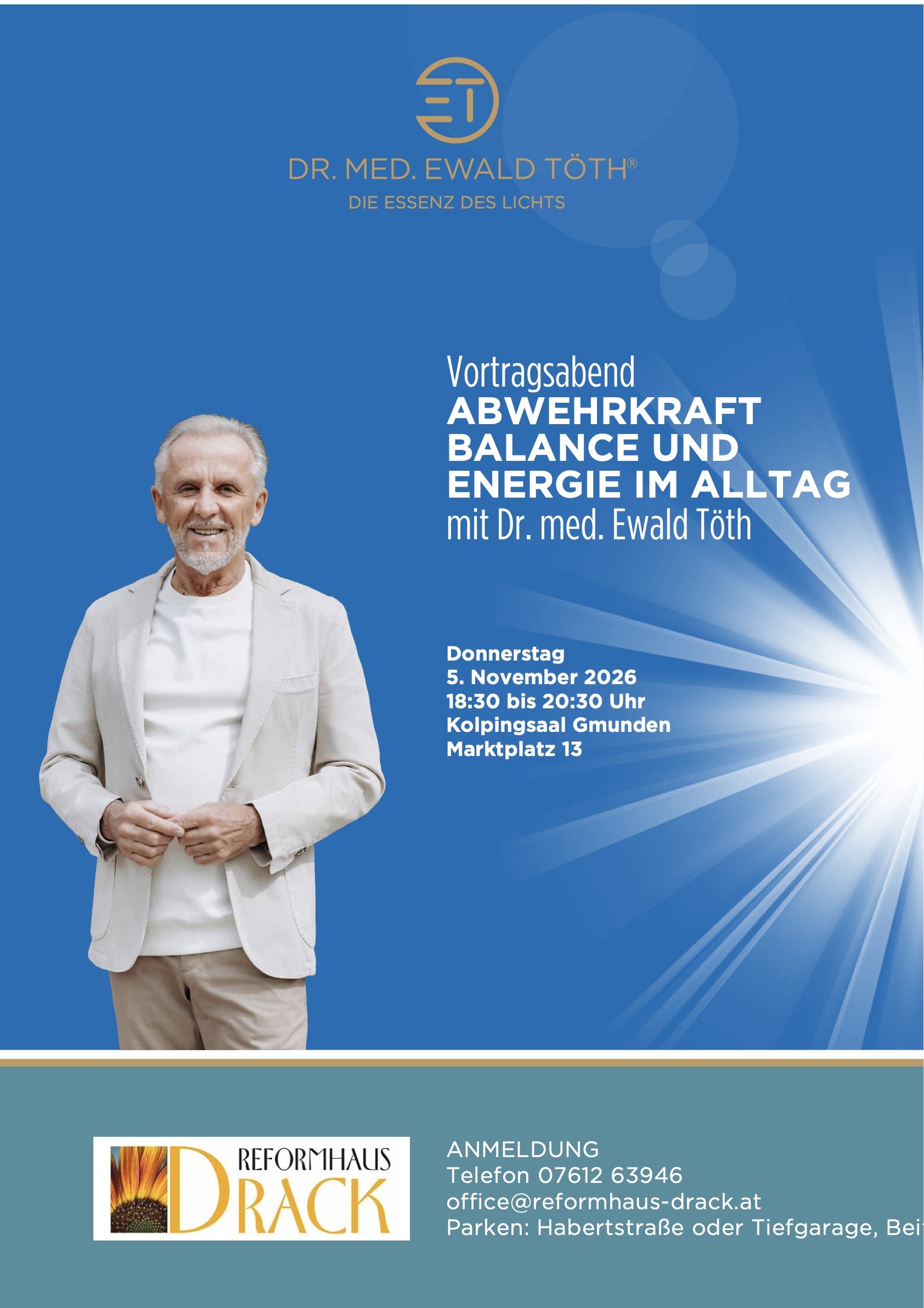 Plakat zum Vortragsabend mit Dr. med. Ewald Töth am 5. November 2026 im Kolpingsaal Gmunden